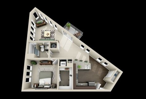 Triangle Building, Mini House Plans, Small Apartment Plans, Triangle House, 3d Floor Plan, 3d House Plans, Interior Design Plan, Small Apartment Design, 3d House