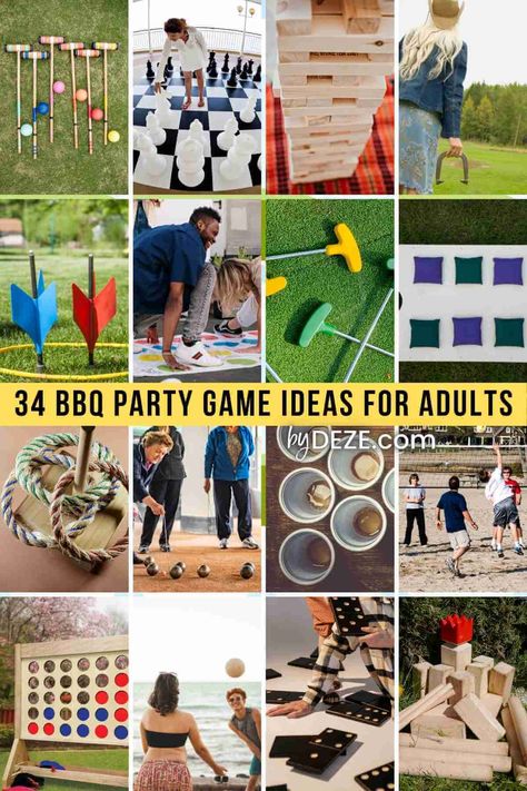 34 Fun-Filled BBQ Party Game Ideas for Adults - byDeze Party Game Ideas For Adults, Game Ideas For Adults, Backyard Bbq Birthday Party, Bbq Party Games, Adult Summer Party, Backyard Bbq Party Decorations, Bbq Theme Party, Games Ideas For Adults, Outdoor Summer Party