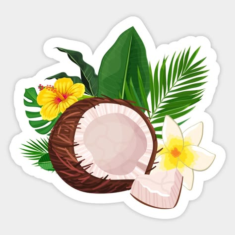 Summer In Hawaii - Tropical Coconut And Leaves Sticker | Hawaii-summer Coconut Sticker, Hawaii Stickers, Summer In Hawaii, Tropical Stickers, Tropical Leaves And Flowers, Summer Stickers, Hawaii Summer, Fiesta Tropical, Cute Laptop Stickers