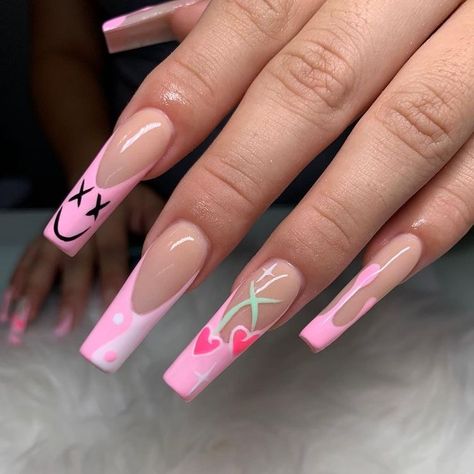 Painted Nail Designs, Hippie Nails, Diy Acrylic Nails, Colored Acrylic Nails, Fall Acrylic Nails, Acrylic Nails Coffin Pink, Nagel Inspo, Bling Acrylic Nails, Pink Acrylic Nails