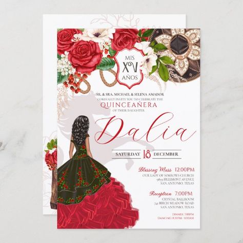 Charro Quinceañera Red Rose Floral Crest Western Invitation Charro Invitations Quinceanera, Charro Quinceanera Theme, Charro Invitations, Quinceanera Red, Western Invitations, Vestido Charro, 15th Birthday Party Ideas, Charro Quinceanera, Quince Invitations