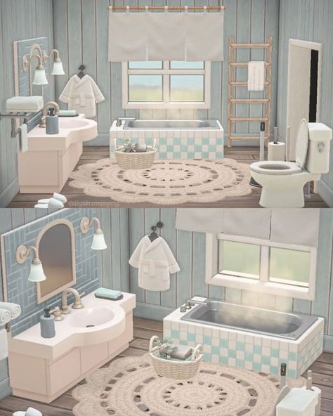 Acnh Bathroom Designs, Winter Acnh, Acnh Living Rooms Ideas, Light Blue Bathroom, Cottagecore Animal Crossing, Acnh Cottagecore, Summer Island, Animal Crossing 3ds, Animals Crossing