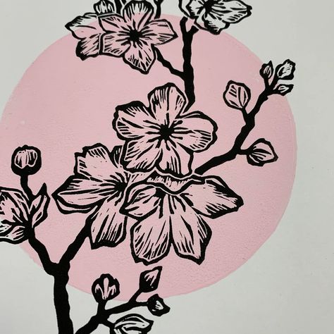 "Sakura" Linocut Print | Ridge + Roots Cherry Blossom Linocut, Japanese Linocut, Lunar Garden, Nootka Rose, Japanese Block Print, Linoleum Print, Pink Circle, Blossom Branch, Cherry Blossom Branch