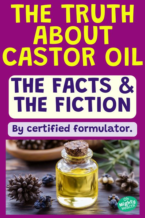 Small glass bottle of golden castor oil surrounded by castor bean pods and seeds on wooden surface. Text overlay reads "The Truth About Castor Oil: The Facts & The Fiction" in bright yellow and purple on magenta background. Subtitle states "By certified formulator." Castor Oil Benefits Skin, Using Castor Oil, Castor Oil Uses, Castor Oil Eyelashes, Castor Oil For Hair Growth, Castor Oil Benefits, Salve Recipes, Castor Oil Packs, Castor Oil For Hair