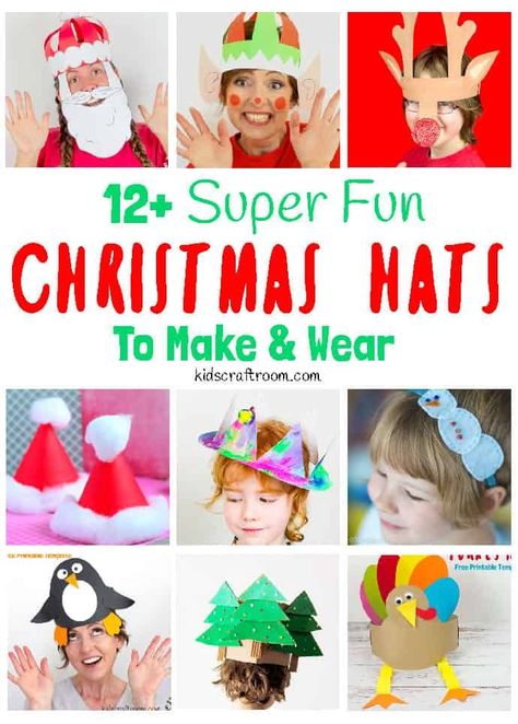 These CHRISTMAS HATS FOR KIDS TO MAKE AND WEAR are so fun! Some are free printables and some use easy craft materials you've probably got already. All of these Christmas hat ideas are easy and great Christmas crafts to enjoy all season long. #kidscraftroom #Christmascrafts #hats #headbands #Christmashats #christmasheadbands #kidscrafts #kidsactivities #santahat #elfhat #reindeerhat #Christmas Creative Christmas Hat Ideas, Funny Christmas Hats Diy, Christmas Hats Ideas Diy, Elf Hat Craft, Tree Paper Craft, Santa Hat Crafts, Diy Christmas Hats, Diy Crackers, Cardboard Christmas Tree