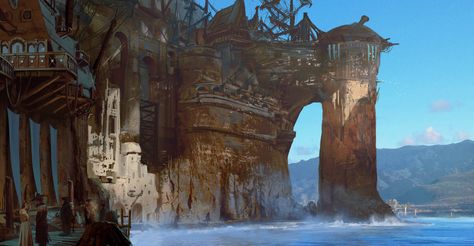 Pirate Cove Establishing, Kevin Jick on ArtStation at https://www.artstation.com/artwork/8OE3O Pirate Cove, Pirates Cove, Creation Art, Location Inspiration, Landscape Concept, Scene Art, Fantasy City, Fantasy Setting, Fantasy Places