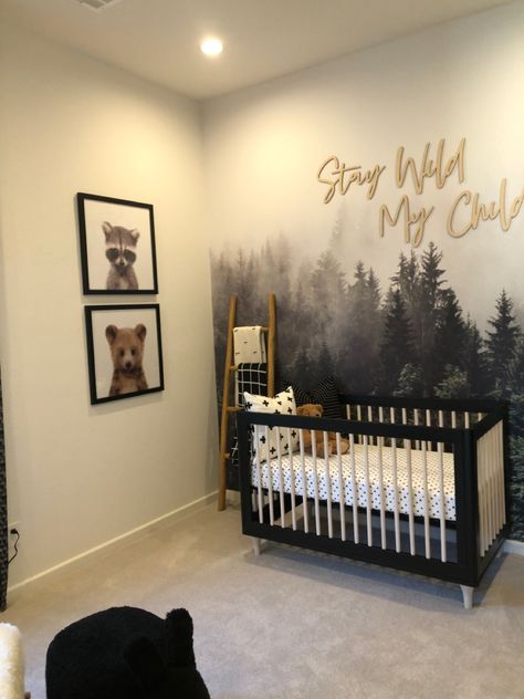 Forest Neutral Nursery, Nursery Woods Theme, Black And Wood Crib, Black And Oak Nursery, Black Themed Nursery, Gold And Black Nursery, Black Bear Nursery Theme, Boy Nursery With Black Crib, Wood Themed Nursery