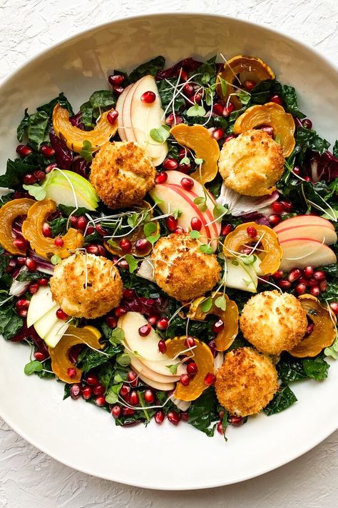 Harvest Salad with Fried Goat Cheese — forlemonsake Fried Goat Cheese Balls Salad, Goat Cheese Balls Salad, Salad With Fried Goat Cheese, Fall Salad With Goat Cheese, Goat Cheese Salad Recipes, Fried Goat Cheese Salad, November Meals, Warm Winter Salad, Warm Goat Cheese Salad