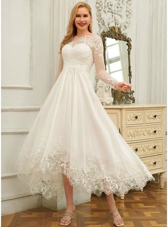 [US$ 224.00] A-line Scoop Asymmetrical Chiffon Lace Wedding Dress With Sequins  - JJ's House 2nd Marriage Wedding Dress, Wedding Dress Over 40, Older Bride Dresses, Scottish Wedding Dresses, Hi Low Wedding Dress, Older Bride Wedding Dress, Wedding Dress With Sequins, Fantasy Wedding Dresses, Short Wedding Dress Beach