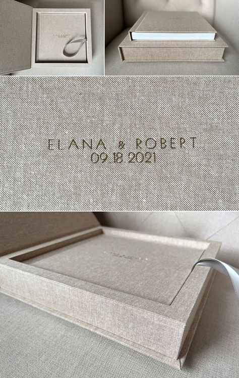 **Eternal Collection** Wedding Album (10x10) - wrapped in Oatmeal Linen. Featuring matching storage box and imprinting of names and date (gold modern font). Photography + Design by Femina Photo + Design, crafted by Renaissance Albums (www.feminaphoto.com) Album Box Design, Wedding Book Design, Wedding Album Ideas, Wedding Photo Album Cover, Wedding Photo Album Layout, Guess Book, Wedding Album Cover Design, Photo Book Cover, Wedding Album Cover