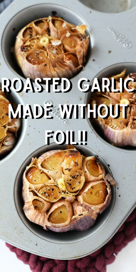 Golden-brown roasted garlic in a muffin tin. Garlic In The Oven, How To Roast Garlic, Roasted Garlic Recipe, Roast Garlic, Garlic Bulbs, Savory Recipe, Tin Recipes, How To Roast, Muffin Tin Recipes