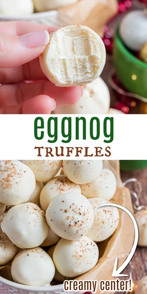 Love homemade truffles? These Eggnog Truffles are made with real eggnog in the creamy center and topped with white chocolate and a pinch of nutmeg. Easy and delicious. White Cake Mix Truffles, Christmas Baking White Chocolate, Eggnog Meringue Cookies, Egg Nog Truffles Easy, Eggnog Truffles Easy, Apple Pie Truffle Recipe, Alcohol Truffles Recipe, Homemade Christmas Sweets, Christmas Balls Recipe