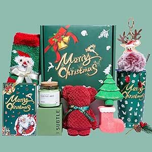 The unique christmas gift basket contains 1 x 20 oz Merry Christmas Insulated Tumbler(with straw),1 x Christmas Tree Bath Bomb,1 x Christmas Stocking Bath Bomb,1 x Bear Shaped Towel,1 x Scented Candle,A Pair of Christmas stockings,1x Christmas Reindeer Keychain,1 x Christmas Pine Cone, 1 x Christmas Gift Box.1 x Christmas Greeting Card.(We have a blank greeting card is included, and you can write your blessing freely. This will be the most mysterious surprise to her) Unique Christmas Gift Baskets, Bath Gifts, Holiday Baskets, Christmas Scented Candles, Gifts For Female Friends, Best Friends Sister, Gift Baskets For Women, Gifts Box, Spa Gift Basket