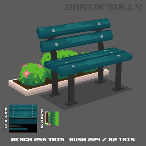 ArtStation - 3D Pixel-Art Park Bench (Commission), Brendan Sullivan Conceptual Digital Art, 3d Low Poly Pixel Art, 3d Assets Game, Low Poly Pixel Art, Blockbench Models, 3d Pixel Art, Voxel Games, Minecraft Models, Art Park