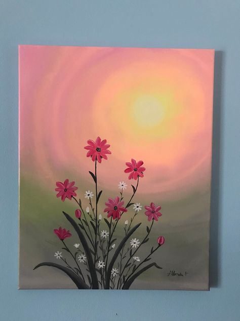 Photos Of Flowers To Paint, Simple Sun Painting Ideas, Happy Canvas Painting Ideas, Flower And Butterfly Painting Acrylic, Painting Ideas With Flowers, Sun Painting Ideas On Canvas, Disney Acrylic Painting Easy, Follow Along Painting, Painting Ideas For Gifts