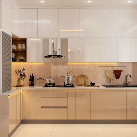 modular kitchen, beaige and white shades, l shape, trendy equipment Wooden Finish Kitchen Cabinets, Kitchen Interior With White Platform, Kitchen Colour Combination Beige, Modular Kitchen Wooden Finish, Kitchen With White Platform, White Platform Kitchen Ideas, Kitchen Interior Beige Colour, Kitchen Laminates Design India, Kitchen Glossy Laminate