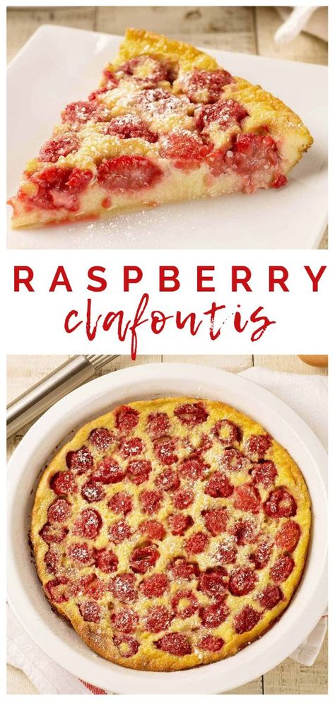 Clafoutis is a rustic, country-style French dessert made by topping fresh fruit with a flour-thickened egg custard and baking it until puffed and golden. Our tried and true recipe works with raspberries or your favorite in-season fruits. #clafoutis #dessert #frenchcuisine #raspberry #mygourmetconnection #recipe Raspberry Clafoutis Recipe, French Recipes Authentic, Clafoutis Recipes, French Dessert Recipes, Raspberry Recipes, Egg Custard, Healthy Recipes Easy Snacks, Baked Fruit, French Dessert