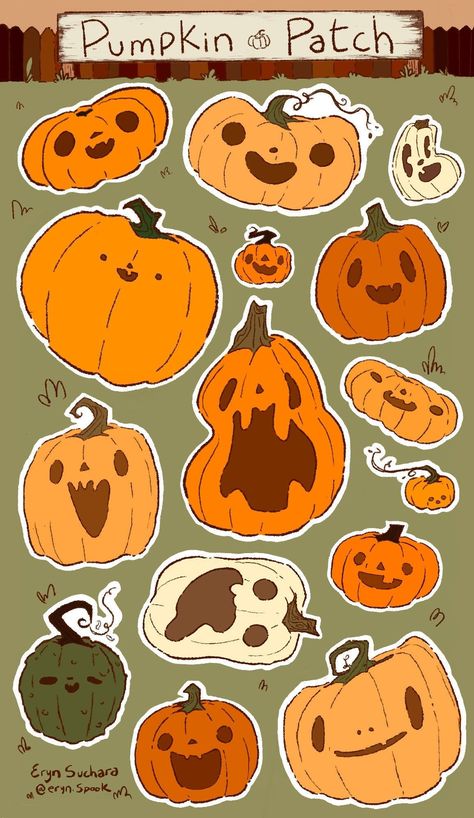 These pumpkin sticker sheets are perfect for pretending it's autumn all year long!  These stickers are durable and waterproof, perfect for sketchbooks, water bottles and more. Every pumpkin is a sticker. Simple Jack O Lantern Tattoo, Sticker Ideas Halloween, Pumpkin Patch Doodle, Aesthetic Stickers Ideas, Sticker Pages Free Printables, Fall Sticker Sheet, Halloween Stickers Cute, Halloween Art Simple, Halloween Food Drawing