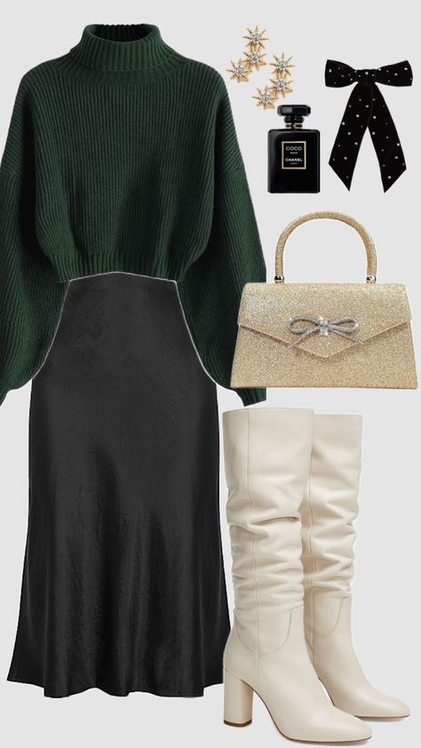 #holiday #outfitinspo #skirt #winteroutfit #churchoutfit #modestfashion #christmas #darkgreen #outfit #christiangirl #glam #gold #sweater Winter Church Outfit, Classy Ootd, Skirt Classy, Coquette Outfit, Modesty Outfits, Sweet Clothes, Gold Sweater, Cute Modest Outfits, Clueless Outfits