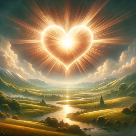 An ethereal and heartwarming image representing unconditional love. The scene includes a vast, serene landscape under a radiant sky. In the center, a large heart symbol, glowing with a warm light, symbolizes the boundless and pure essence of love. Around the heart, gentle rays of light extend outward, touching everything in the scene. The landscape features lush green meadows, tranquil rivers,... Love In Bible, Nautical Bedroom Ideas, God Light, Jesus Love Images, Pure Of Heart, Sea Of Tranquility, Glowing Heart, Rest And Recharge, Hope Light