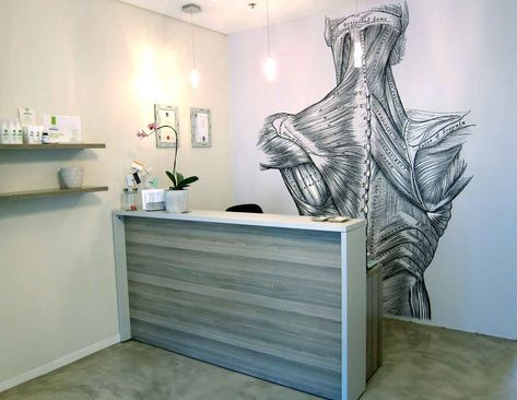 Portfolio | Cara Saven Wall Design Physiotherapy Clinic Design, Physio Clinic Interior Design, Phisioterapy Design, Physiotherapy Clinic Interior Design, Muscle Wallpaper, Physiotherapy Room, Chiropractic Office Decor, Anatomy Wallpaper, Chiropractic Office Design