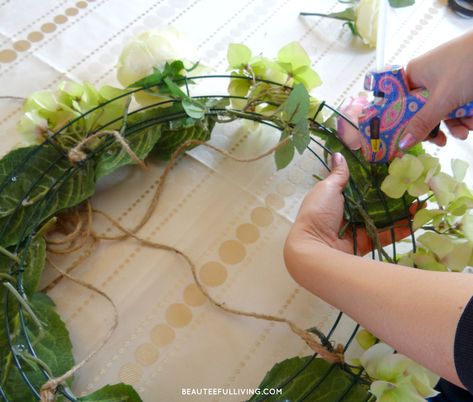 Hanging Floral Chandelier DIY - BEAUTEEFUL Living Floral Chandelier Diy, Hanging Floral Chandelier, Chandelier Wreath, Decorative Mesh Wreaths, Chandelier Diy, Hydrangea Bloom, Easy Diy Wreaths, Spring Craft, Silk Hydrangeas