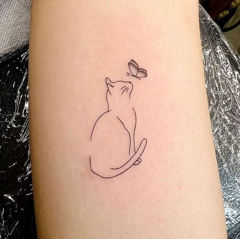 Feline Tattoo Ideas, Mom And Daughter Cat Tattoos, Cat Tattoo With Name, Fine Line Cat Tattoo Ideas, Personal Cat Tattoo, Memorial Tattoo For Cat, Meaningful Cat Tattoos, Tattoo Ideas For Cats, Cat With Butterfly Tattoo