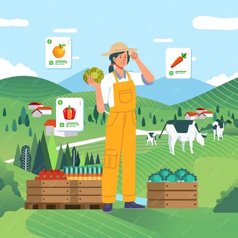 Premium Vector | Contemporary modern farmer show yields his farm with digital app modern agriculture farm landscape Farmer Sticker, Agriculture Illustration, Farm Sketch, Farmer Illustration, Farm Illustration, Farm Landscape, Modern Agriculture, Modern Farmer, Sign System