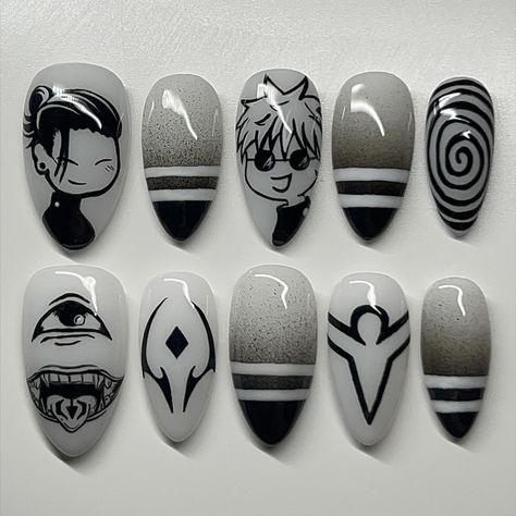 🥋 jujutsu kaisen anime set ˚ʚ♡ɞ˚custom press on set˚ʚ♡ɞ˚ 🏷 #nails #londonnails #gelxnails #nailart #pressonnails #pressons #animenails #jjknails #jjk #nailinspo #animenailart #handpaintednailart Anime Based Nails, Anime Nail Inspiration, Cute Anime Nail Designs, Anime Theme Nails, Anime Gel Nails, Anime Acrylic Nail Designs, Gojo Nail Art, Anime Press On Nails, Jjk Nail Ideas