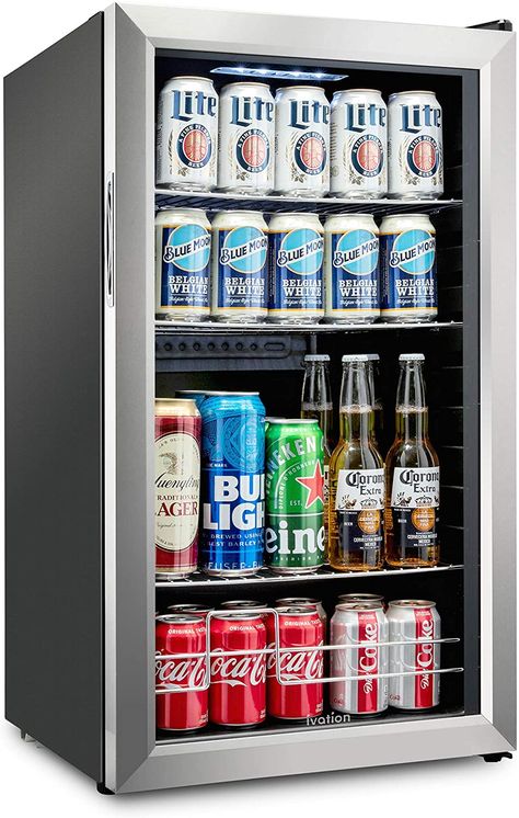 Amazon.com: Ivation 126 Can Beverage Refrigerator | Freestanding Ultra Cool Mini Drink Fridge | Beer, Cocktails, Soda, Juice Cooler for Home & Office | Reversible Glass Door & Adjustable Shelving, Stainless Steel : Appliances Glass Door Fridge, Drinks Fridge, Cool Mini Fridge, Drink Fridge, Beverage Fridge, Beer Fridge, Interior Led Lights, Beverage Refrigerator, Glazed Glass