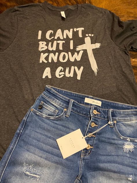 I Can't But I Know A Guy UNISEX T-shirt * I know Jesus * Available on either Gildan Softstyle, Bella Canvas Softstyle or Comfort Colors brand. Wwjd Shirt, Bible Advice, Jesus Clothing, Jesus Clothes, Cute Bibles, Christian Shirts Designs, Christian Merch, Church Fits, Hot Springs National Park