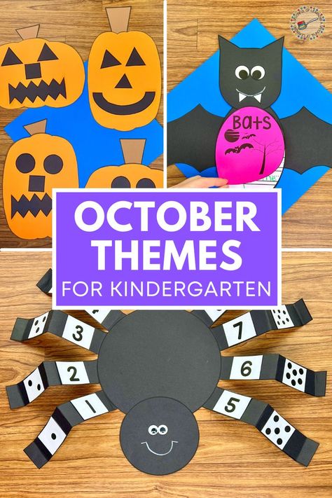 Pumpkin, bat, and spider crafts Halloween Themed Kindergarten Activities, October Crafts For Prek, Pre K October Themes, Prek October Themes, October Art For Kindergarten, Prek October Activities, Halloween Activity For Kindergarten, October Crafts For 1st Grade, Kindergarten Fall Math Craft