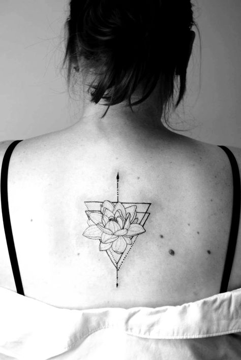 Lotos tattoo, triangle tattoo, back tattoo Inverted Triangle Tattoo, Tattoo Triangle, Tattoo Back Tattoo, Grace Tattoos, Upper Back Tattoos, Double Triangle, Tattoo Back, Triangle Tattoos, Back Tattoos