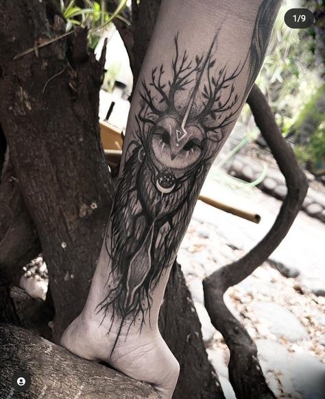 Owl Witch Tattoo, Dark Mystical Tattoos, Dark Earthy Tattoos, Animal Hand Tattoos For Women, Witchy Elbow Tattoo, Witchy Owl Tattoo, Gothic Feminine Tattoos, Dark Feminine Tattoo Arm Sleeve, Paranormal Tattoo Ideas