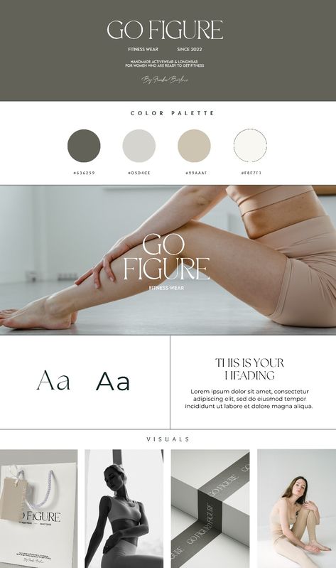 Fitness Yoga Activewear Clothing Equipments Brand Kit Logo Design Modern Minimalist Feminine Branding Brand Kit Minimalist, Neutral Activewear Aesthetic, Activewear Branding Design, Yoga Mood Boards Inspiration, Packaging Design Bag, Fitness Branding Design, Yoga Logo Inspiration, Branding Guide, Fitness Branding