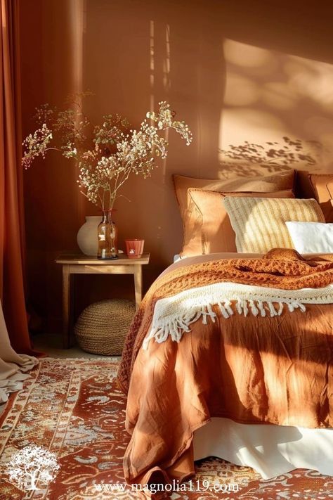 Orange Ombre Bedding, Modern Gold Bedroom, Rust Orange Decor, Bedroom Burnt Orange Accents, Cozy Orange Aesthetic, Orange Themed Room, Orange Themed Bedroom, Rust Orange Bedroom, Orange Room Ideas