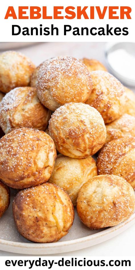 Aebleskiver Recipe - Danish Pancake Balls - Everyday Delicious Aebleskiver Pan Recipes, Cinnamon Sugar Pancakes, Danish Pancake Balls, Aebleskiver Recipe, Pancake Balls, Danish Pancakes, Banana Chocolate Chip Pancakes, Crepes And Waffles, Pancake Recipes