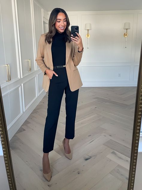 Cute Corporate Outfits, Tan Blazer Outfit, Turtleneck And Blazer, Turtleneck Bodysuit, Tan Blazer, Corporate Outfits, Open Front Blazer, Fall Outfits For Work, Business Formal