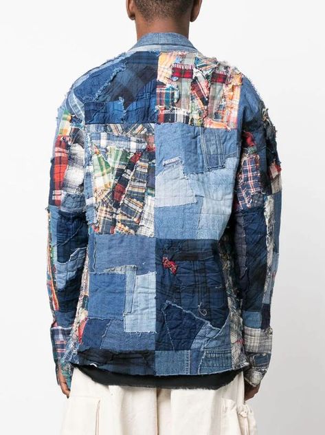 Recycled Outfits For Men, Quilt Denim Jacket, Designer Denim Jacket, Denim Blanket, Patchwork Denim Jacket, Blue Jean Quilts, Fashion Collection Inspiration, Denim Inspiration, Embellished Jeans