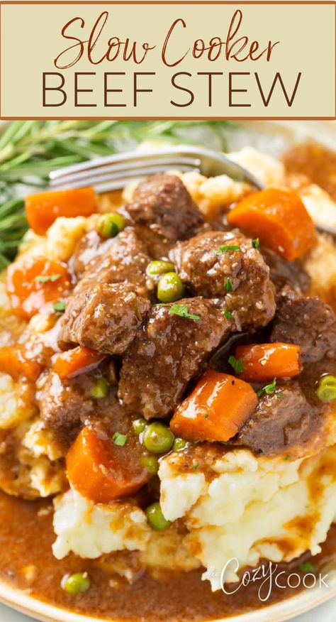 slow cooker beef stew with carrots and peas on top of mashed potatoes Slow Cook Beef Stew, Golden Potatoes, Over Mashed Potatoes, Crockpot Recipes Beef Stew, Hearty Beef Stew, Stew Meat Recipes, Beef Stew Crockpot, Potatoes Carrots, Slow Cooker Beef Stew