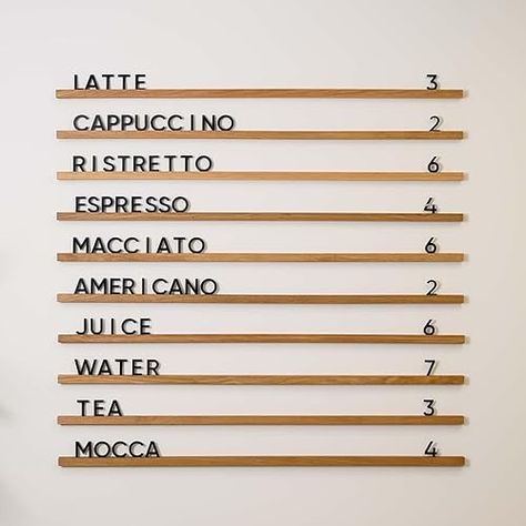 Amazon.com: Inko Horeca - Set of 10 Regular Rails - Changeable Letter Board - Floating Letter Shelf Menu - Letter Display Wall Ledge - Oak rails - 400 Letter set (Oiled Oak Rails + Black Letters) : Handmade Products Menu Letter Board, Wall Ledge, Visual Merchandiser, Display Wall, Church Decor, Wood Letters, Large Letters, Letter Set, Black Letter