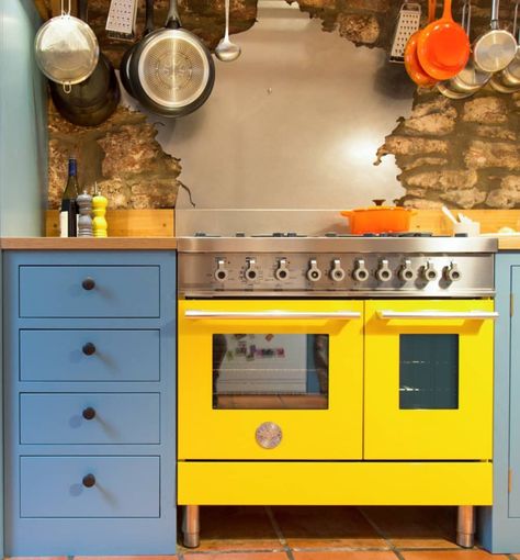 Post Image Colored Stove, Blue Kitchen Cabinets, Sustainable Kitchen, Yellow Home Decor, Kitchen Pantry Cabinets, Kitchen Oven, Blue Cabinets, Yellow Bathrooms, Range Cooker