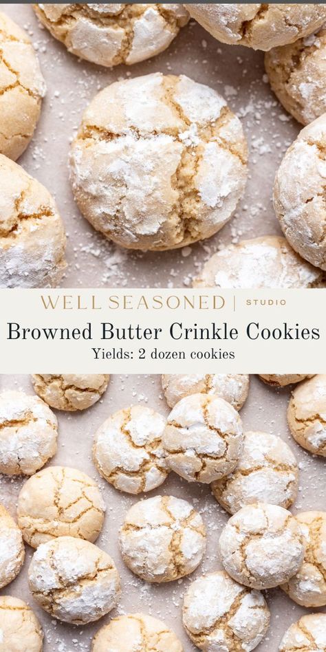 Nutty, Browned Butter Crinkle Cookies have a rich flavor, and a soft, chewy texture. They're coated in powdered sugar before baking, which gives them their signature snowflake-like appearance upon baking. Perfect for a holiday cookie exchange or just because! #wellseasonedstudio #crinklecookie #cookierecipe #brownedbutter Brown Butter Crinkle Cookies, Snickerdoodle Crinkle Cookies, Sourdough Crinkle Cookies, Vanilla Crinkle Cookies Recipe, Vanilla Crinkle Cookies, Dough Desserts, Food Essentials, Crinkle Cookies Recipe, Holiday Cookie Exchange