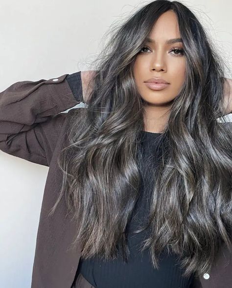 Hair Color 17 Ideas for Brunettes 2024 Dark Brown And Ash Brown Hair, Smoky Balayage Brunettes, Ash Brown Grey Blending, Smokey Balayage Brunettes, Dark Cool Brown Hair With Highlights, Gray Brunette Hair, Highlights For Greying Hair Brunettes, Dark Fall Hair Color For Brunettes 2024, Smokey Black Hair