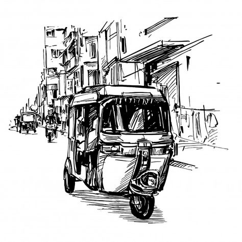 Drawing of the tricycle on street in ind... | Premium Vector #Freepik #vector #city #street #transport #taxi Drawing Dragon, Auto Rickshaw, Pen Art Work, Drawing Hands, Urban Sketch, Pen Art Drawings, City Drawing, Drawing Faces, Perspective Art