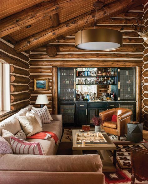 Cowboy Cabin - Big Sky Journal Updated Log Cabin, Log Cabin Interior, Jackson Wyoming, Rock Fireplaces, Island Countertops, Bernhardt Furniture, Style Deco, Cozy Cabin, Custom Cabinets