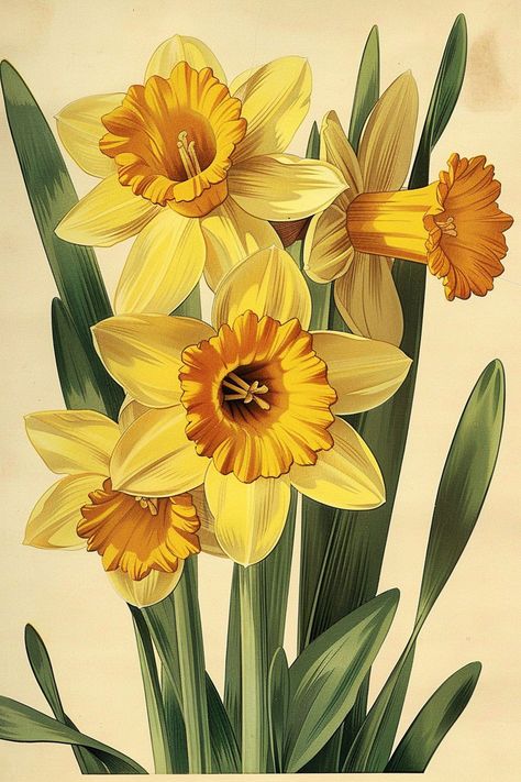 Vintage Daffodil, Daffodil Images, Daffodil Day, Abstract Painting Acrylic Modern, Yellow Spring Flowers, Daffodil Flowers, Daffodil Tattoo, Botanical Flowers Print, Narcissus Flower