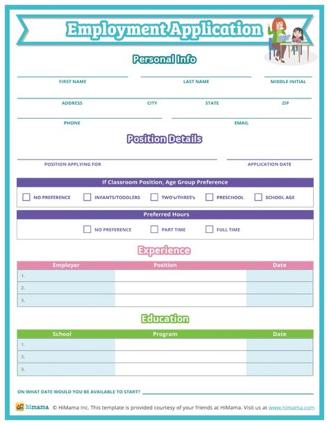 Daycare Enrollment Forms Free, Daycare Registration Form, Daycare Job, Daycare Paperwork, Daycare Application Forms, Childcare Teacher, Employment Form, Job Application Template, Application Template