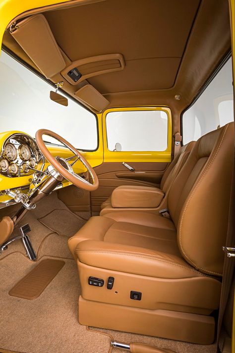 Hotrod Interior, 56 Ford F100, 1956 Ford Truck, 1956 Ford F100, Ford Motorsport, Ford F1, Medium Duty Trucks, Yellow Car, Ford F100