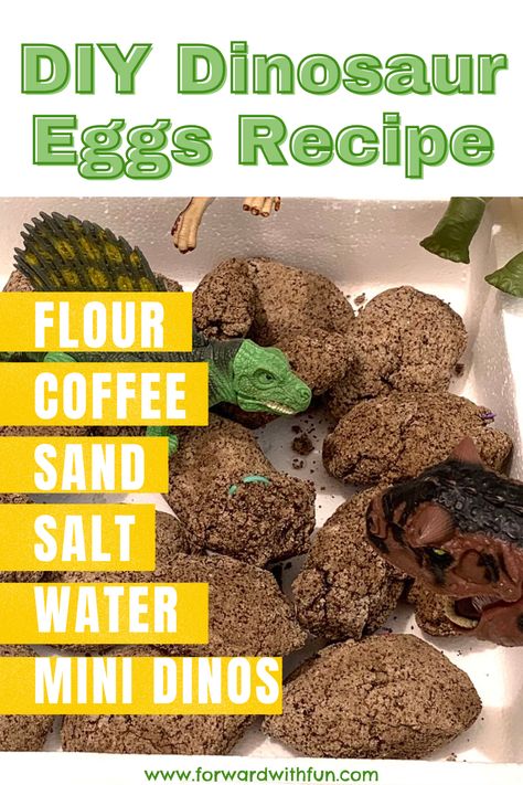 diy dinosaur eggs recipe: flour, coffee, sand, salt, water, mini dinos - picture of plastic dinosaur toys standing over a white container containing brown hardened dinosaur eggs Diy Dinosaur Eggs, Dinosaur Party Activities, Jurassic Park Theme, Dinosaur Chicken Nuggets, Dinosaur Activities Preschool, Diy Dinosaur, Spring Activity, Dino Eggs, Dinosaur Egg